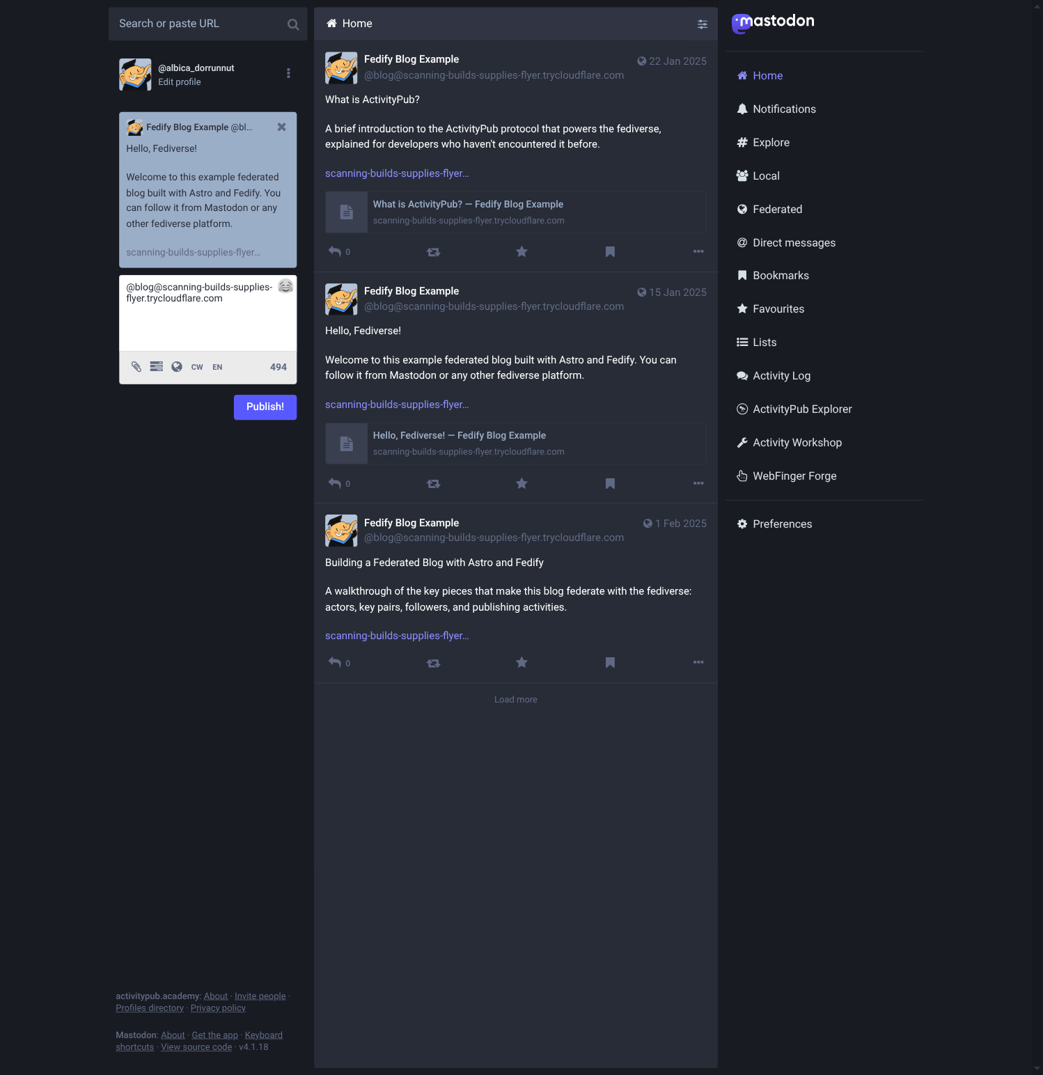 Reply compose box opened below the “Hello, Fediverse!” post